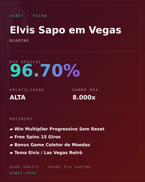 Ficha técnica de Elvis Sapo em Vegas: RTP, volatilidade e ganho máximo na 5gbet