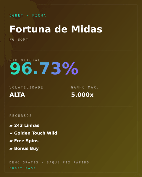 Ficha técnica de Fortuna de Midas: RTP, volatilidade e ganho máximo na 5gbet
