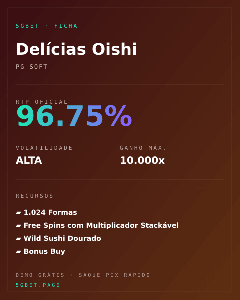 Ficha técnica de Delícias Oishi: RTP, volatilidade e ganho máximo na 5gbet